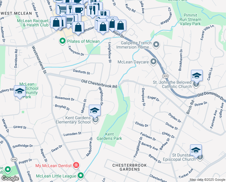 map of restaurants, bars, coffee shops, grocery stores, and more near 1605 Aerie Lane in McLean