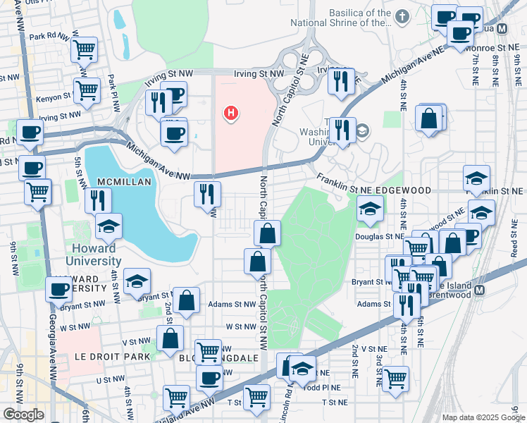 map of restaurants, bars, coffee shops, grocery stores, and more near 2700 North Capitol Street Northwest in Washington