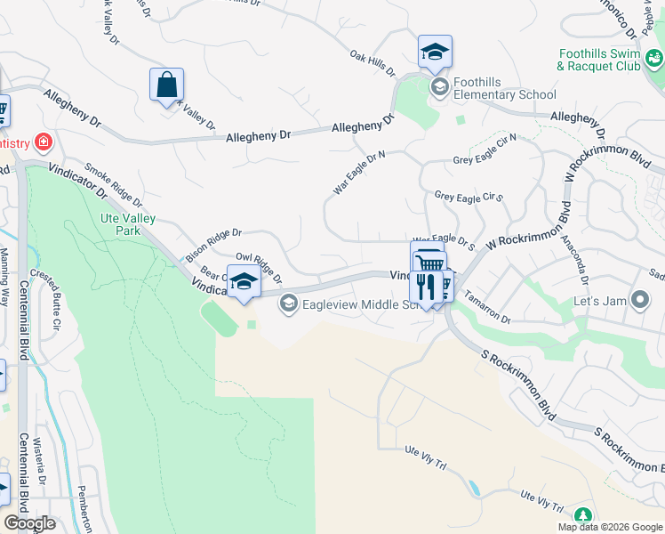 map of restaurants, bars, coffee shops, grocery stores, and more near 1220 Bison Ridge Drive in Colorado Springs