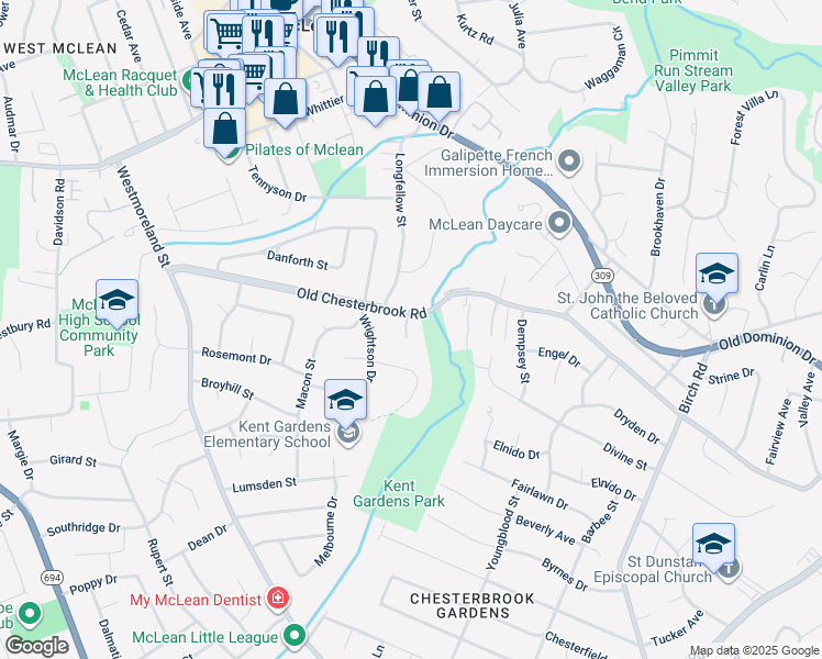 map of restaurants, bars, coffee shops, grocery stores, and more near 1605 Aerie Lane in McLean