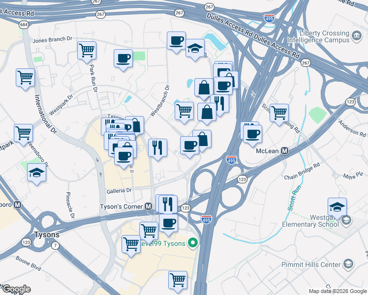 map of restaurants, bars, coffee shops, grocery stores, and more near 7911 Westpark Drive in McLean