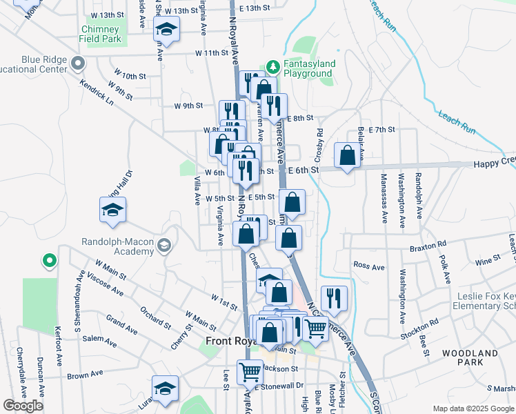 map of restaurants, bars, coffee shops, grocery stores, and more near 412 Warren Avenue in Front Royal
