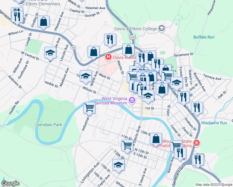 map of restaurants, bars, coffee shops, grocery stores, and more near 3 Central Street in Elkins