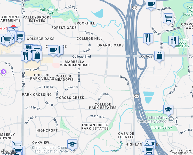 map of restaurants, bars, coffee shops, grocery stores, and more near 10541 113th Street in Overland Park
