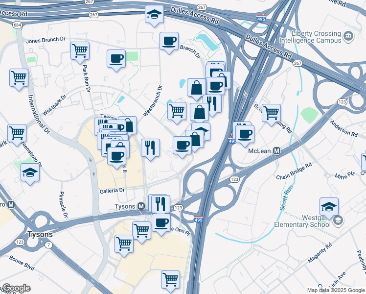 map of restaurants, bars, coffee shops, grocery stores, and more near 7911 Westpark Drive in McLean