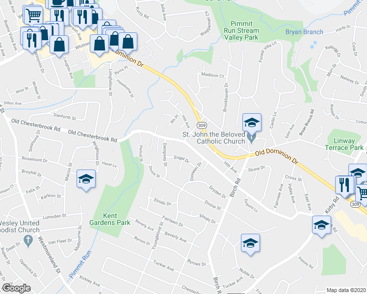 map of restaurants, bars, coffee shops, grocery stores, and more near 6515 Old Chesterbrook Road in McLean
