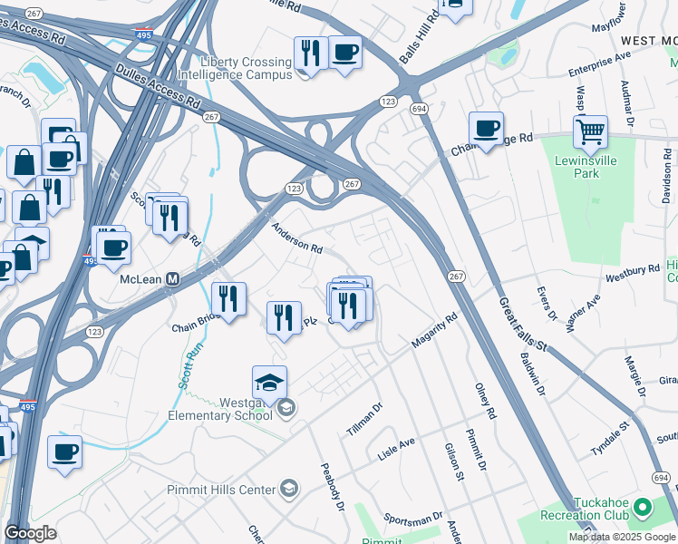 map of restaurants, bars, coffee shops, grocery stores, and more near 1640 Anderson Road in McLean