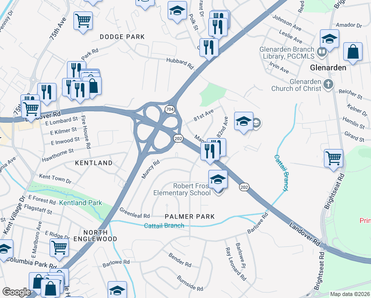 map of restaurants, bars, coffee shops, grocery stores, and more near 8115 Landover Road in Hyattsville