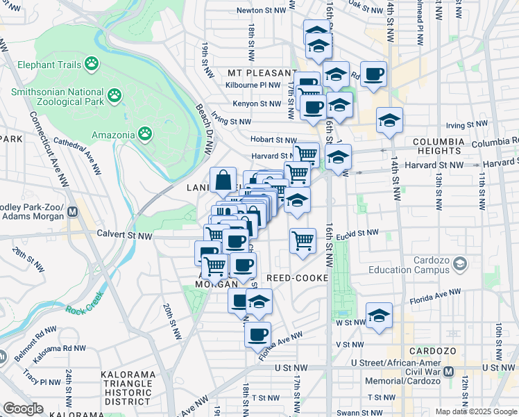map of restaurants, bars, coffee shops, grocery stores, and more near 2714 Ontario Road Northwest in Washington
