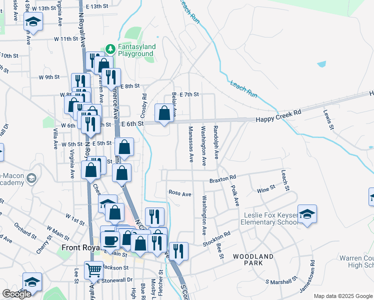 map of restaurants, bars, coffee shops, grocery stores, and more near 436 Manassas Avenue in Front Royal