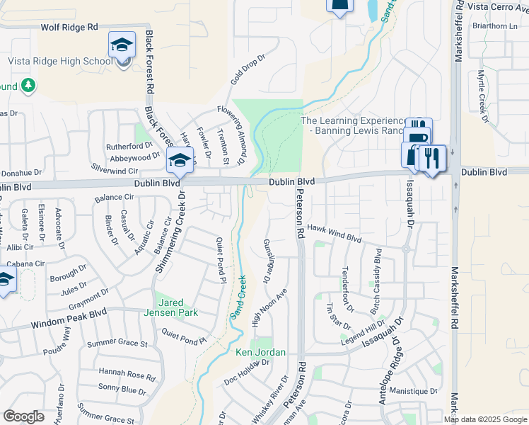 map of restaurants, bars, coffee shops, grocery stores, and more near 7404 Gunslinger Drive in Colorado Springs