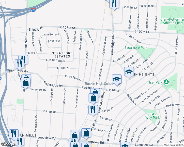 map of restaurants, bars, coffee shops, grocery stores, and more near 10921 Ewing Avenue in Kansas City