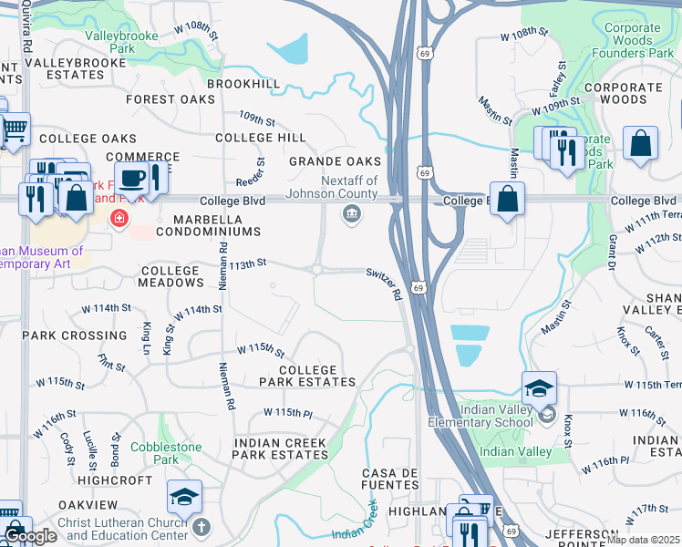 map of restaurants, bars, coffee shops, grocery stores, and more near 11350 Switzer Road in Overland Park