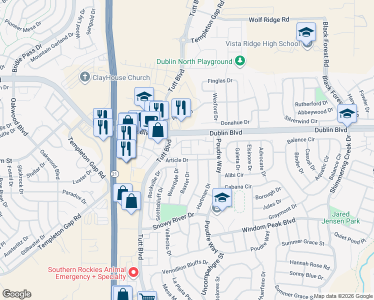 map of restaurants, bars, coffee shops, grocery stores, and more near 6116 New Colt Grove in Colorado Springs