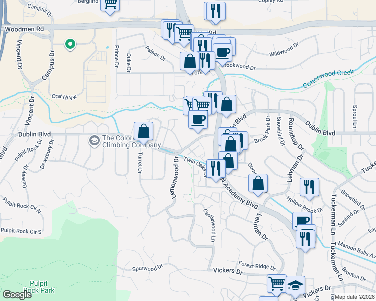 map of restaurants, bars, coffee shops, grocery stores, and more near 6405 Dublin Boulevard in Colorado Springs