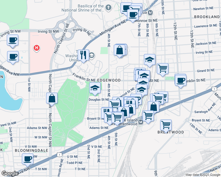 map of restaurants, bars, coffee shops, grocery stores, and more near 2701 4th Street Northeast in Washington