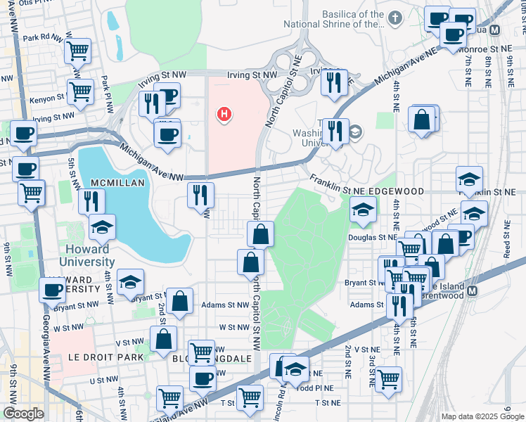 map of restaurants, bars, coffee shops, grocery stores, and more near 101 Independence Avenue Southeast in Washington