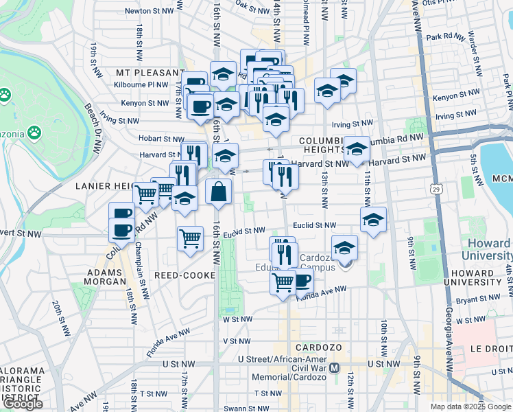 map of restaurants, bars, coffee shops, grocery stores, and more near 101 Independence Avenue Southeast in Washington
