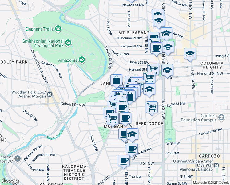 map of restaurants, bars, coffee shops, grocery stores, and more near 1850 Ontario Place Northwest in Washington