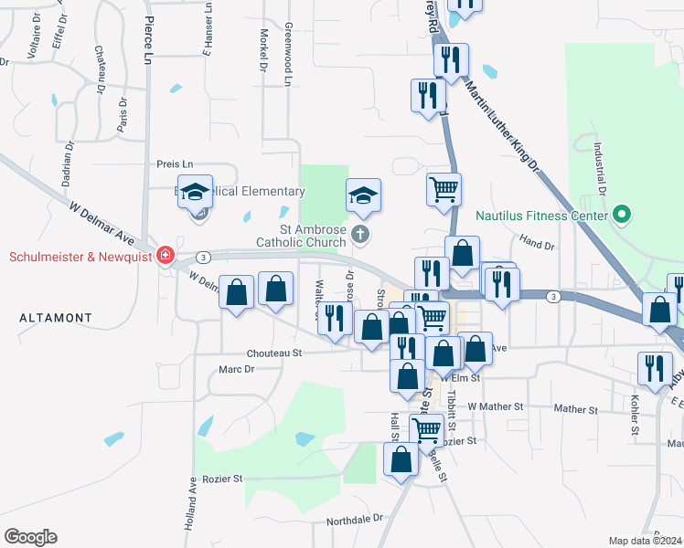 map of restaurants, bars, coffee shops, grocery stores, and more near 903 Cook Avenue in Godfrey