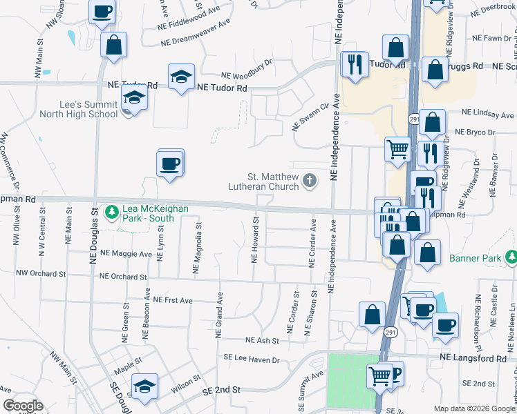 map of restaurants, bars, coffee shops, grocery stores, and more near 504 Northeast Chipman Road in Lee's Summit