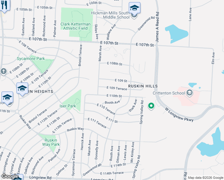 map of restaurants, bars, coffee shops, grocery stores, and more near 8502 East 109 Terrace in Kansas City