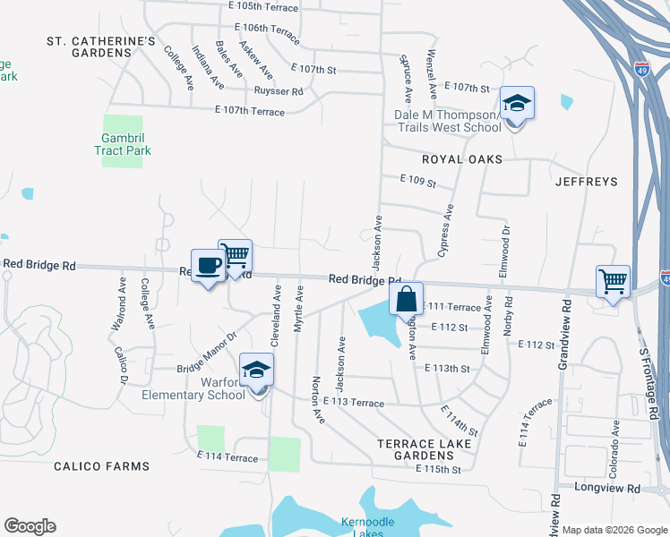 map of restaurants, bars, coffee shops, grocery stores, and more near 4109 East 110th Terrace in Kansas City