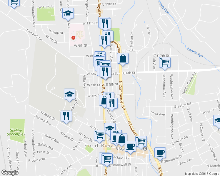 map of restaurants, bars, coffee shops, grocery stores, and more near 414 Warren Avenue in Front Royal