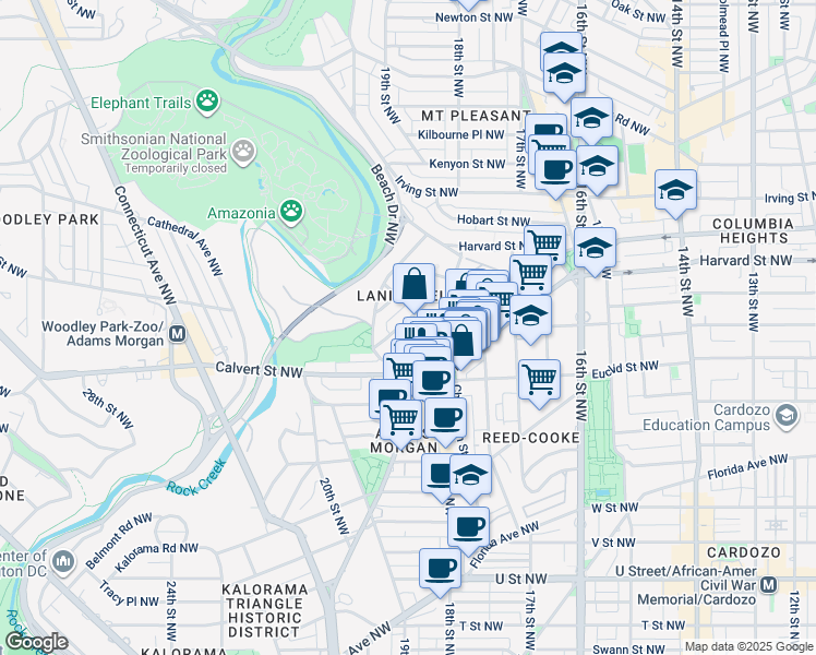 map of restaurants, bars, coffee shops, grocery stores, and more near 1850 Ontario Place Northwest in Washington
