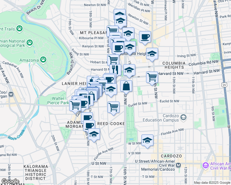 map of restaurants, bars, coffee shops, grocery stores, and more near 1626 Fuller Street Northwest in Washington