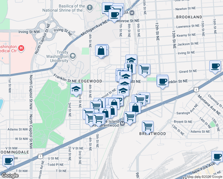 map of restaurants, bars, coffee shops, grocery stores, and more near 101 Independence Avenue Southeast in Washington