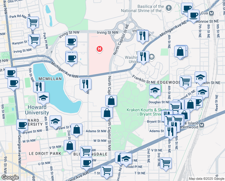 map of restaurants, bars, coffee shops, grocery stores, and more near 2703 North Capitol Street Northeast in Washington