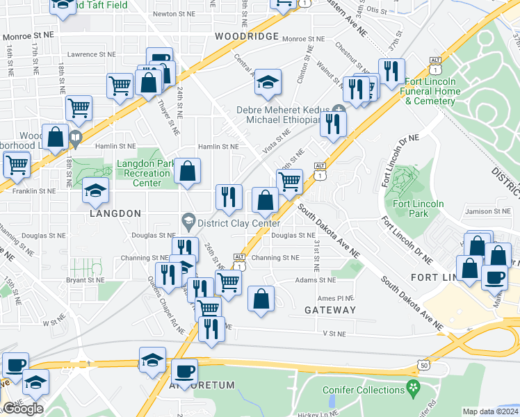 map of restaurants, bars, coffee shops, grocery stores, and more near 2818 Evarts Street Northeast in Washington