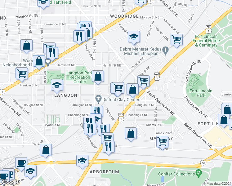 map of restaurants, bars, coffee shops, grocery stores, and more near 2610 Evarts Street Northeast in Washington