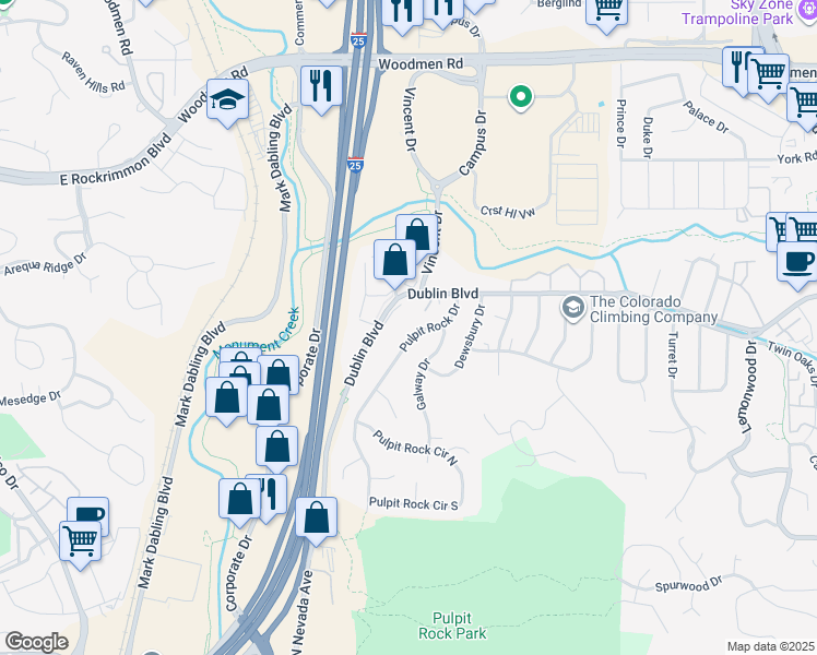 map of restaurants, bars, coffee shops, grocery stores, and more near 6426 Pulpit Rock Drive in Colorado Springs