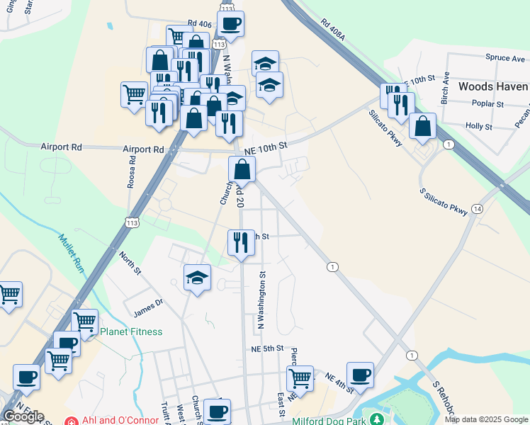map of restaurants, bars, coffee shops, grocery stores, and more near 813 North Washington Street in Milford