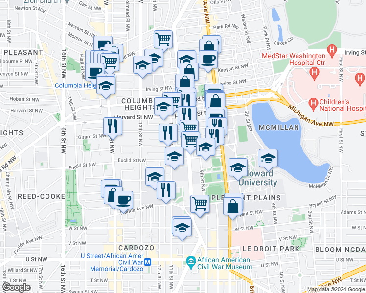 map of restaurants, bars, coffee shops, grocery stores, and more near 1030 Fairmont Street Northwest in Washington