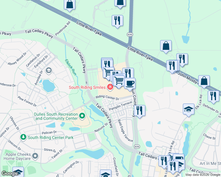 map of restaurants, bars, coffee shops, grocery stores, and more near 25055 Riding Plaza in Chantilly