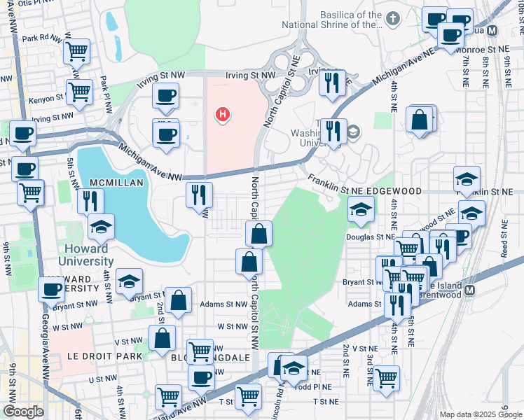 map of restaurants, bars, coffee shops, grocery stores, and more near 2703 North Capitol Street Northeast in Washington