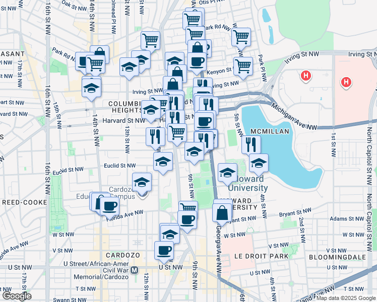 map of restaurants, bars, coffee shops, grocery stores, and more near 758 Fairmont Street Northwest in Washington