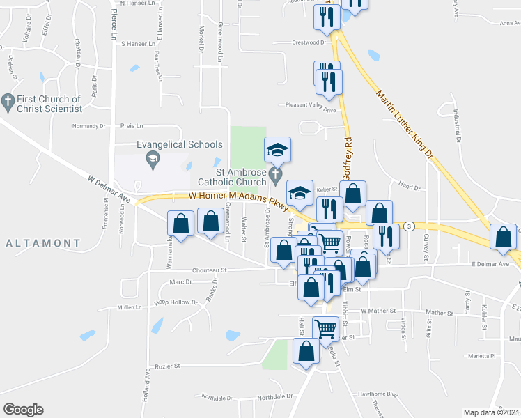 map of restaurants, bars, coffee shops, grocery stores, and more near 903 Cook Avenue in Godfrey