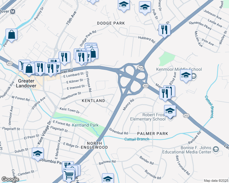 map of restaurants, bars, coffee shops, grocery stores, and more near 2512 Markham Lane in Hyattsville