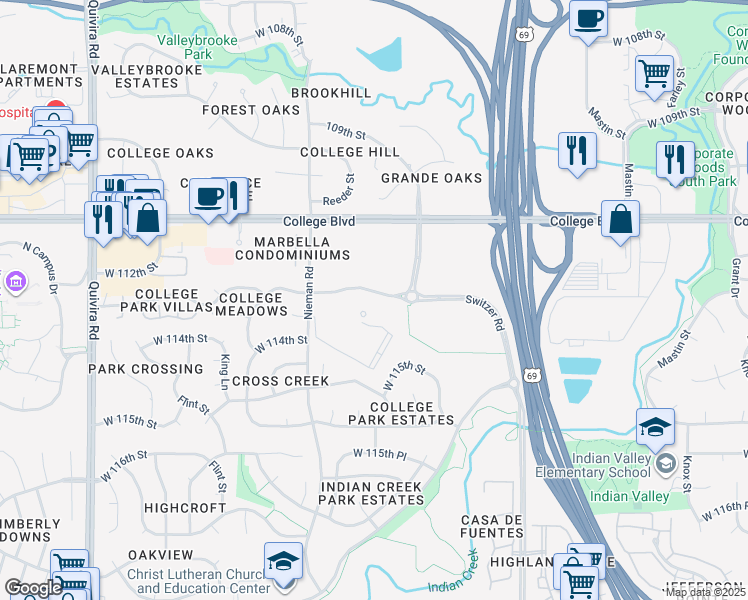 map of restaurants, bars, coffee shops, grocery stores, and more near 10541 113th Street in Overland Park