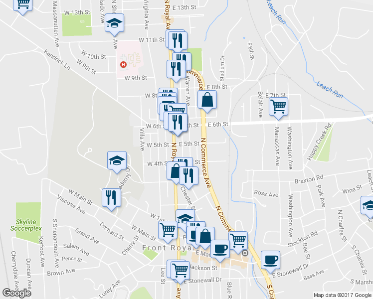map of restaurants, bars, coffee shops, grocery stores, and more near 414 Warren Avenue in Front Royal