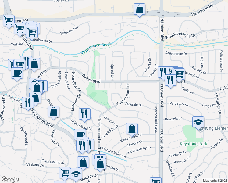 map of restaurants, bars, coffee shops, grocery stores, and more near 6410 Gilmore Grove in Colorado Springs