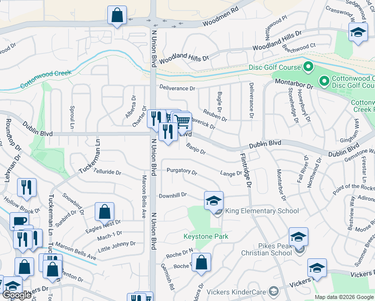 map of restaurants, bars, coffee shops, grocery stores, and more near 2955 Banjo Drive in Colorado Springs