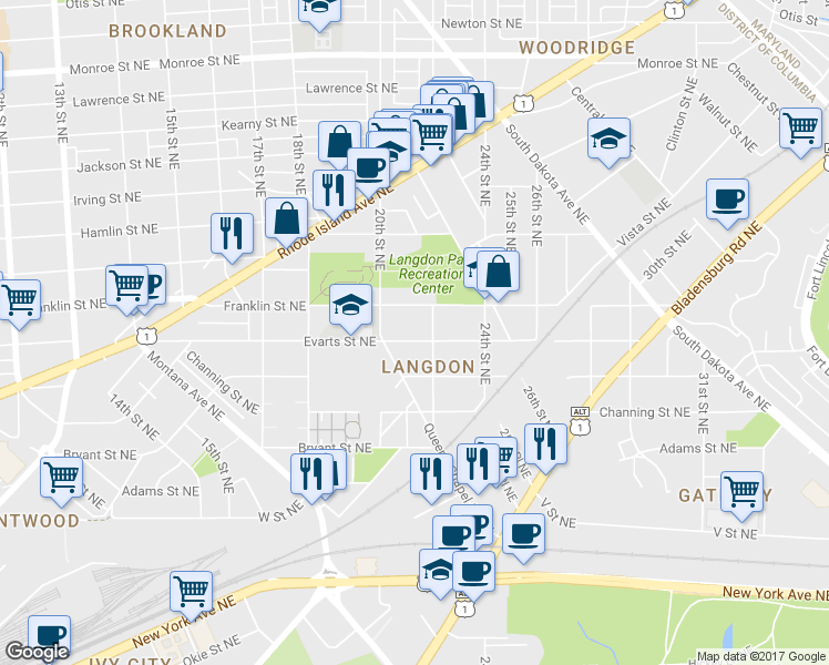 map of restaurants, bars, coffee shops, grocery stores, and more near 2026 Evarts Street Northeast in Washington