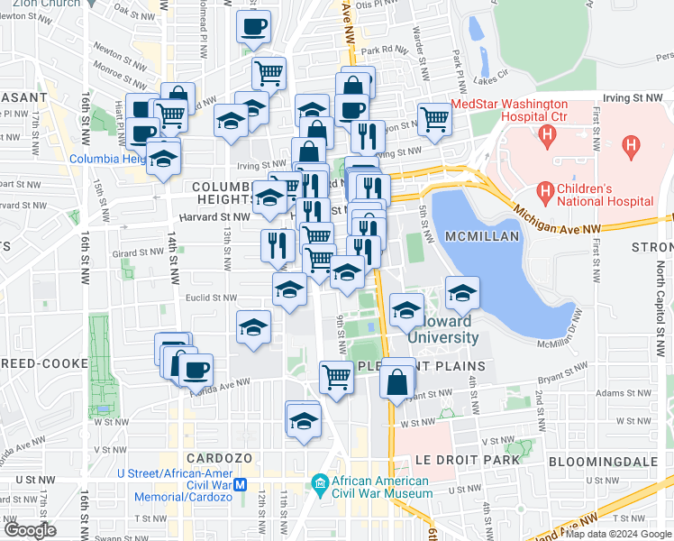map of restaurants, bars, coffee shops, grocery stores, and more near 758 Fairmont Street Northwest in Washington