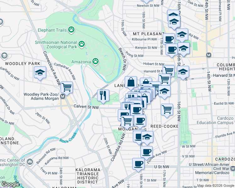 map of restaurants, bars, coffee shops, grocery stores, and more near 2800 Adams Mill Road Northwest in Washington