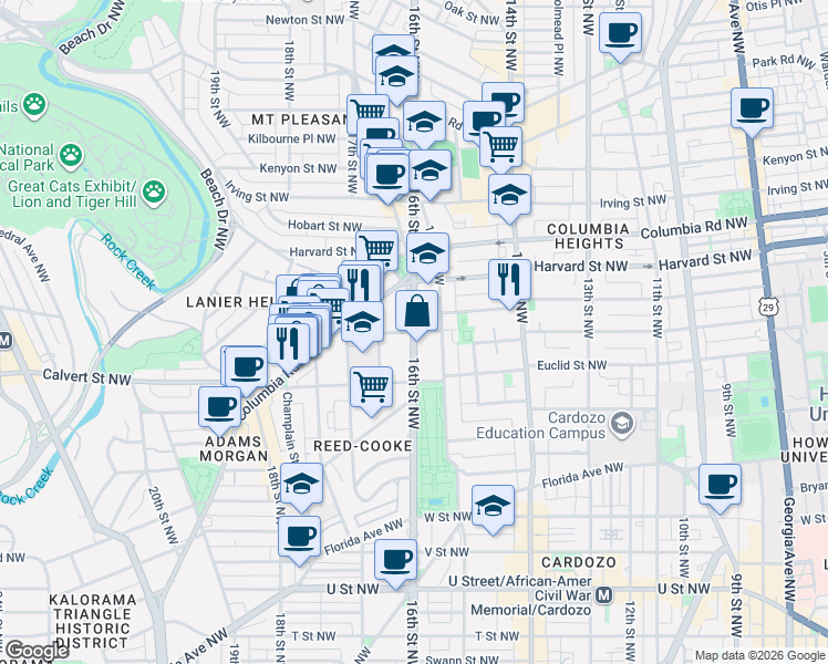 map of restaurants, bars, coffee shops, grocery stores, and more near 16th Street Northwest in Washington